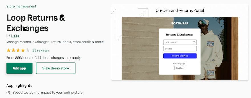 Loop Shopify app for returns and exchanges with green "Add app" button