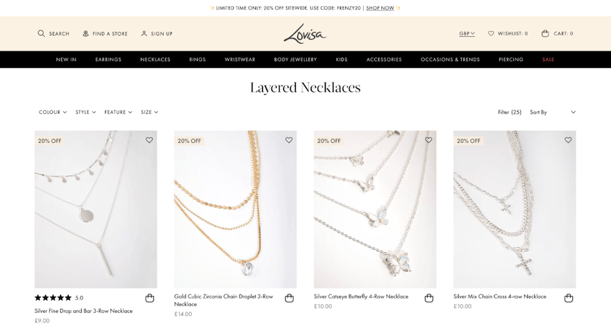 Four layered necklaces on Lovisa store, three silver and one gold