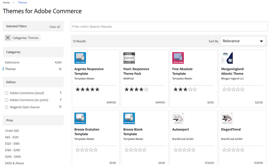Adobe Commerce Marketplace theme selection screenshot