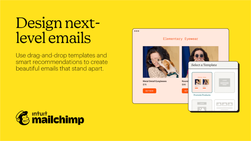 mailchimp homepage emphasizing their drag-and-drop templates