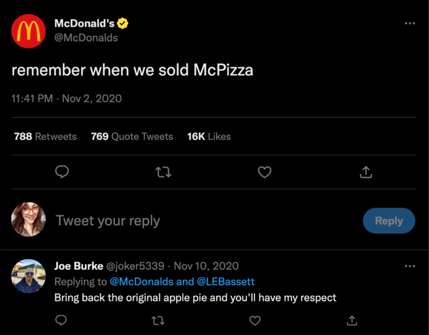 McDonald's tweet stating "remember when we sold McPizza"