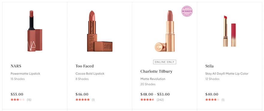 Mecca product gallery showing four lipsticks with prices