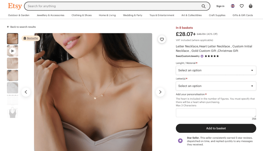 Etsy product page showing a dainty necklace