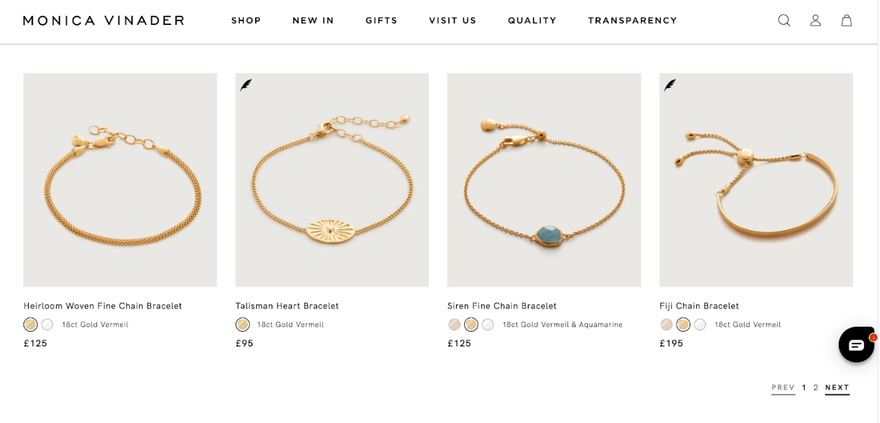 Four product photos of gold dainty bracelets on the Monica Vinader store