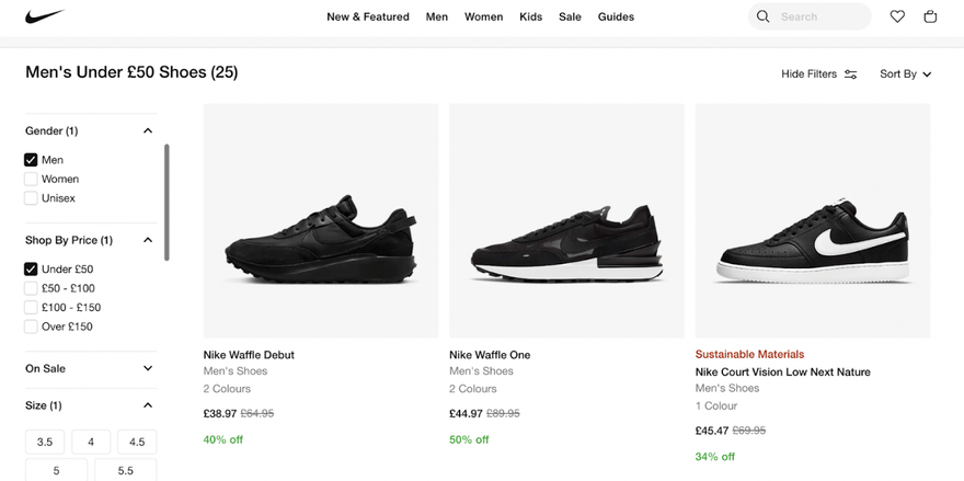 Nike product page showing trainers for sale and gender, price, and size filters selected
