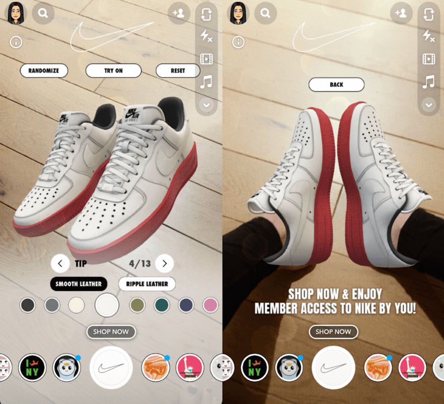 Nike Snapchat AR showing a pair of virtual trainers