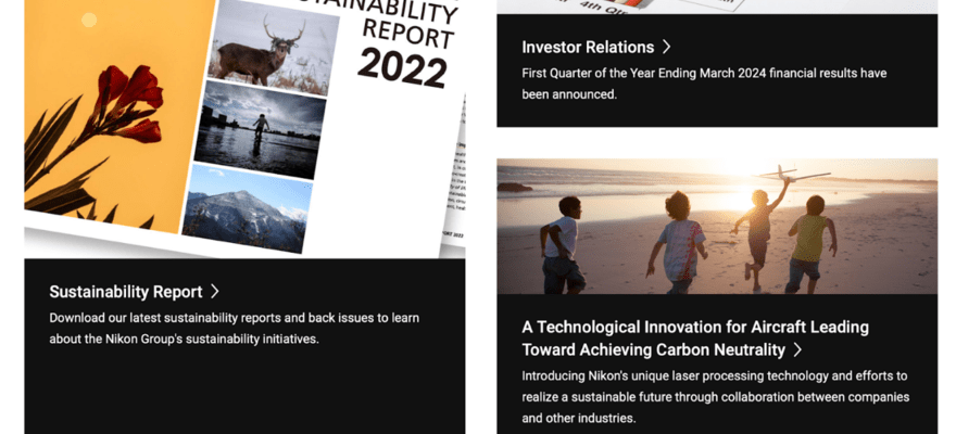 Nikon about us page with article links, images, and text