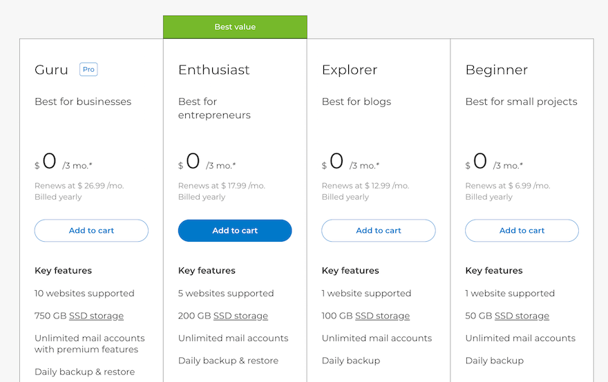 One.com pricing plans website screenshot