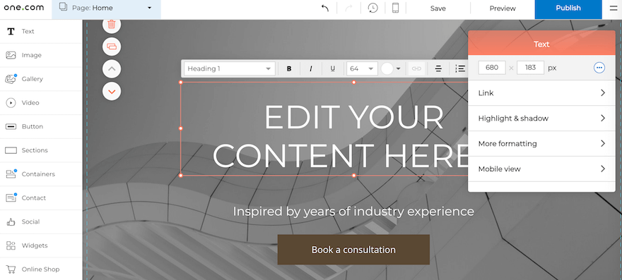 One.com website builder content editor screenshot