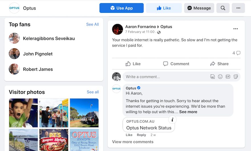 Optus Facebook page