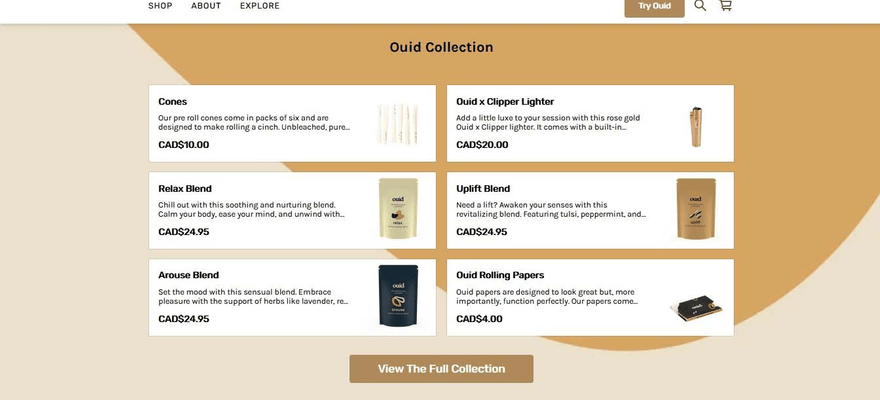 Ouid shows featured collections in a clean layout.