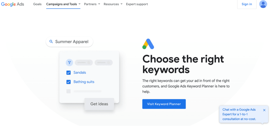 Homepage for Google Keyword Planner