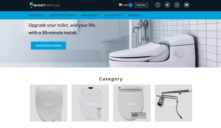 BidetGenius homepage, featuring product categories to click on