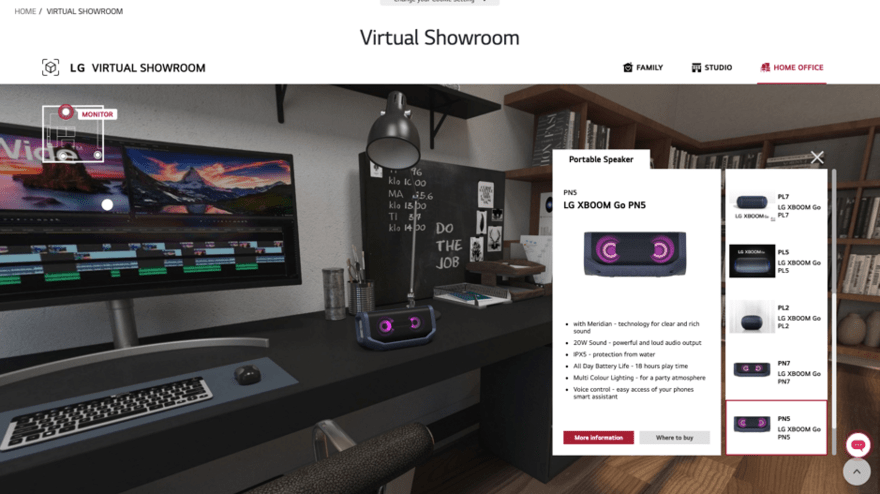 Virtual showroom camera view, showing what a product (in this case a speaker) looks like in a real environment