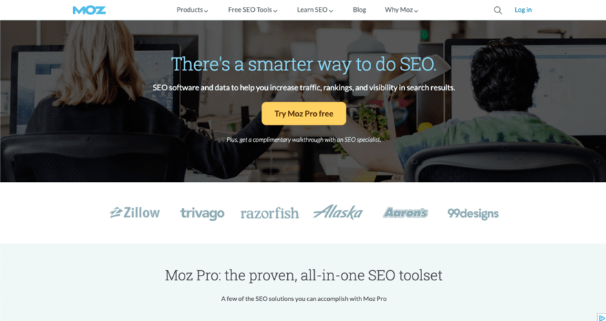 Moz SEO homepage inviting visitors to try the platform for free
