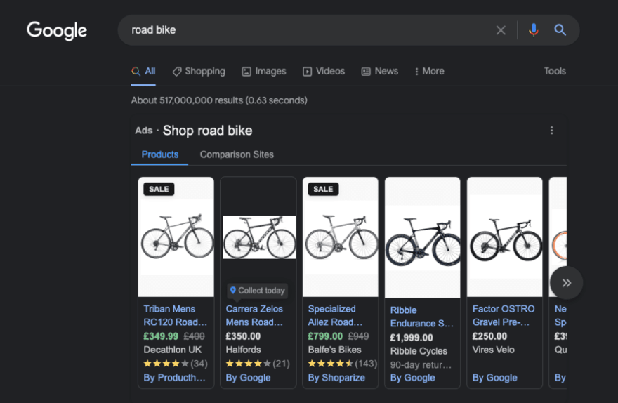 Google Ads search for the term "road bike" and the relevant products