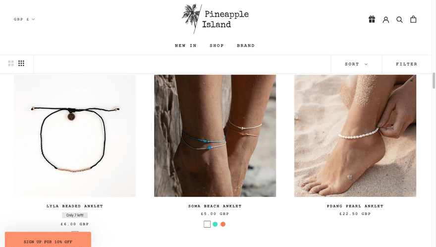 Three different product photos on Pineapple Island store showing beaded anklets modelled at the beach