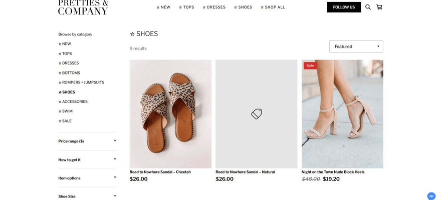 Pretties and Company’s shop page has multiple filters and options for sorting its products.