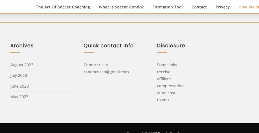 Website footer on Rondo Coach website featuring links to archived posts
