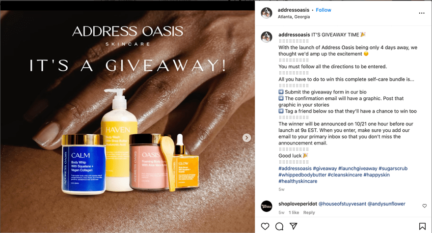 Address Oasis Instagram giveaway post featuring products