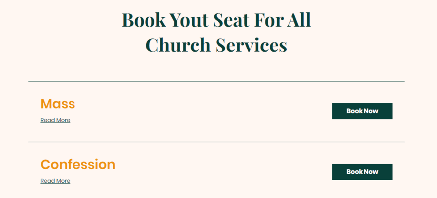 List of church services to book online in Wix church template