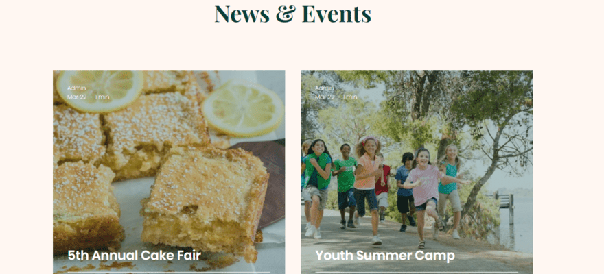 Events page on Wix template for a cake fair and youth summer camp