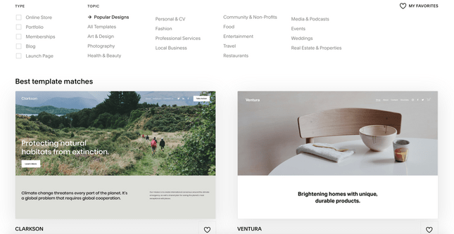 Squarespace templates page