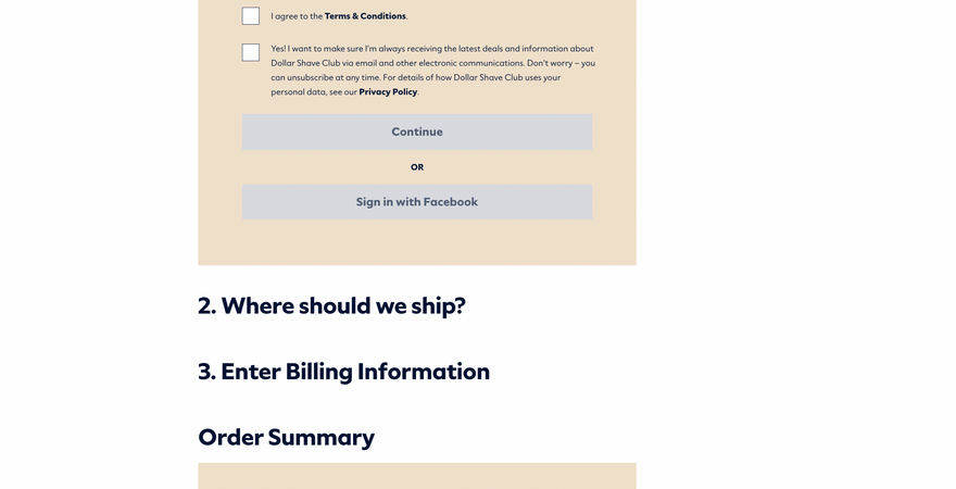 Dollar Shave Club’s checkout page