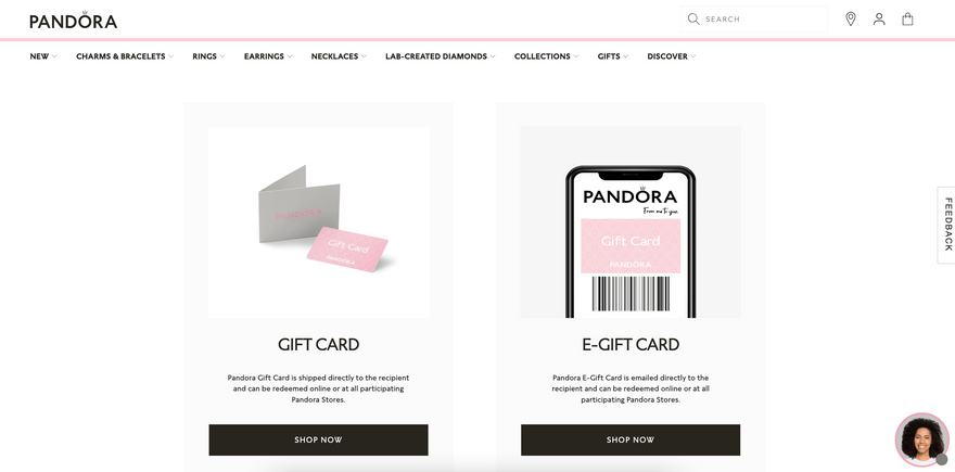 Jewelry brand Pandora gift card example