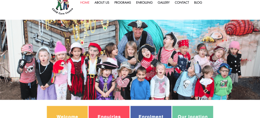 Cobbers Child Care Centre homepage featuring navigation buttons to enquiries, enrolment, and location