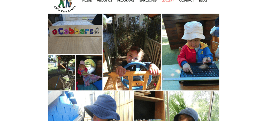 Gallery of images on Cobbers Child Care Centre website featuring children playing and learning