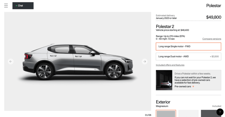 Polestar product page with the Polestar 2 car image and product information
