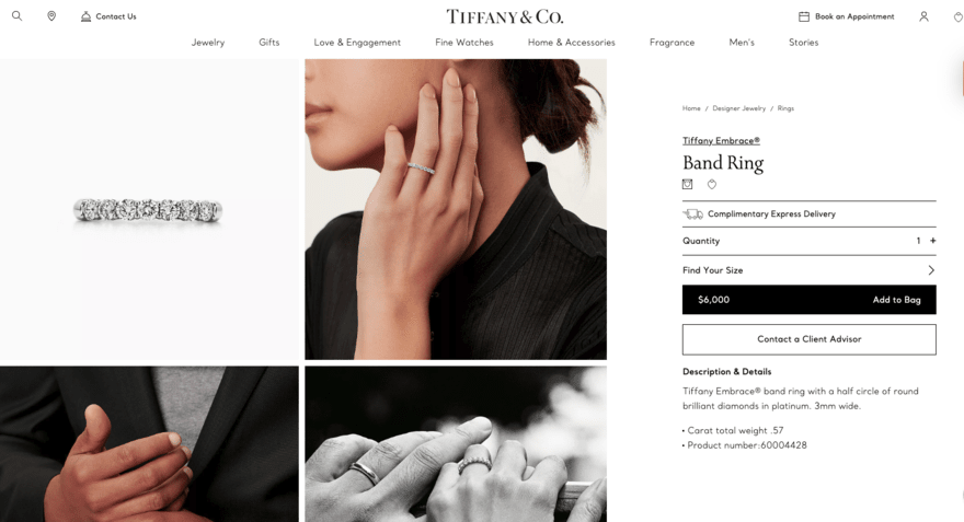 Tiffany & Co band diamond ring product page with product info