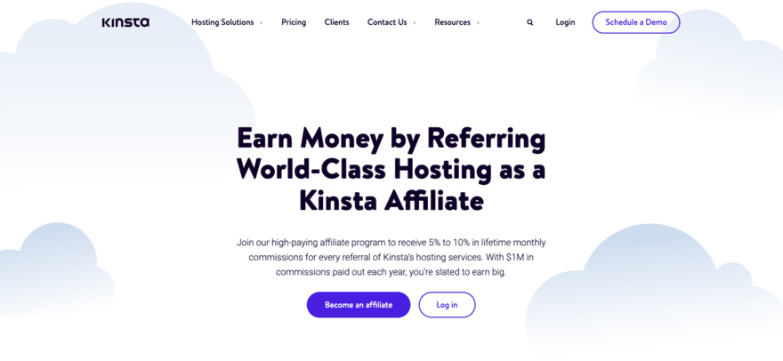 Kinsta website advertising its affiliate program with blue "become an affiliate" button