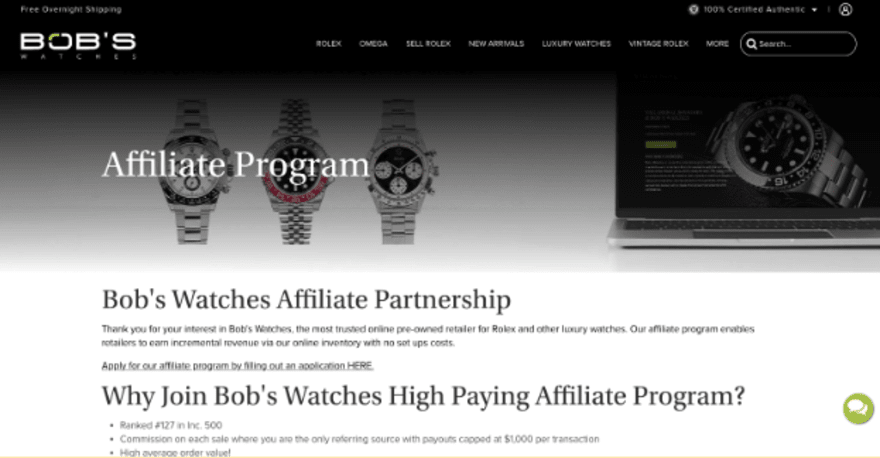 Bob's watches website info on its affiliate program