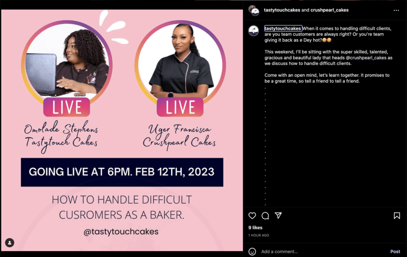 Pink Instagram post advertising an upcoming live stream