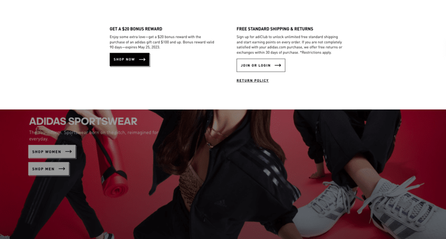 Adidas homepage featuring shipping summary which details its free standard shipping practices