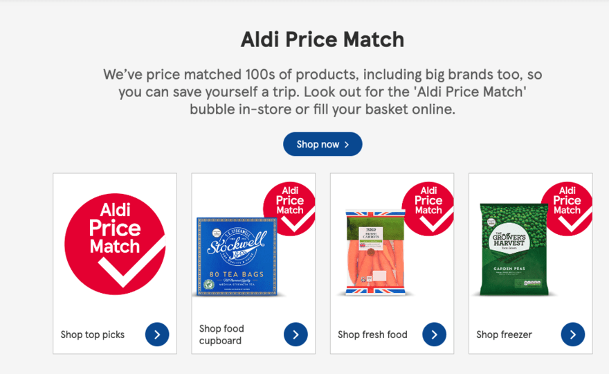 Tesco page showing Aldi price match products