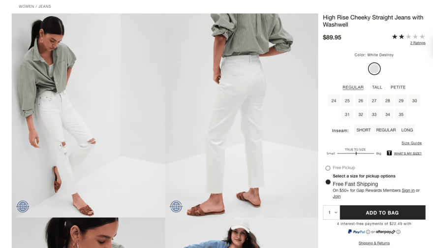 Gap product page showing pricing, photos, and sizing of jeans