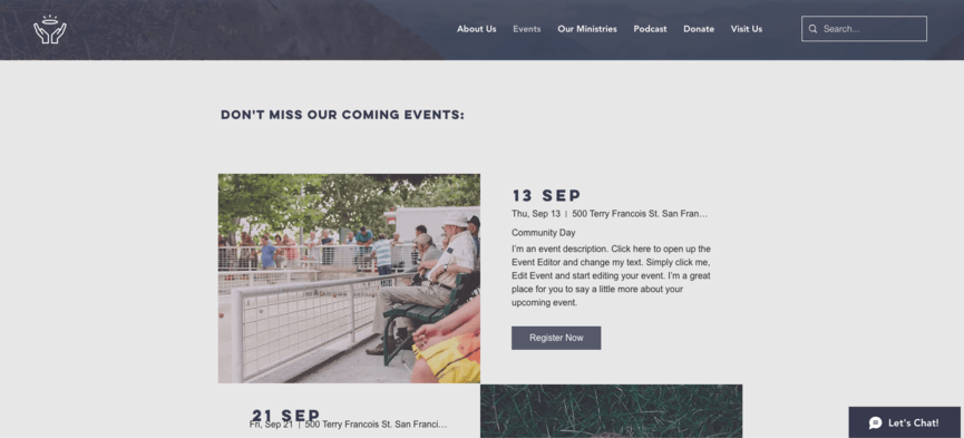 Events page for Wix church website