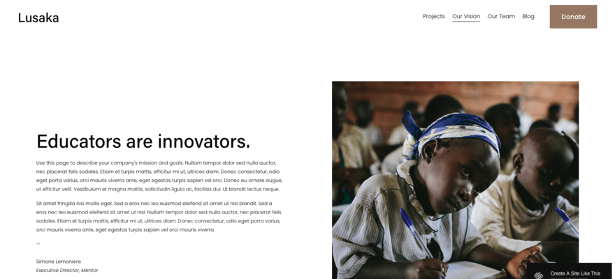Our Vision page on Squarespace LUSAKA template