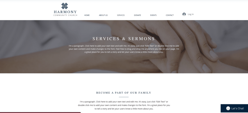 Page sharing services and sermons on Wix church template