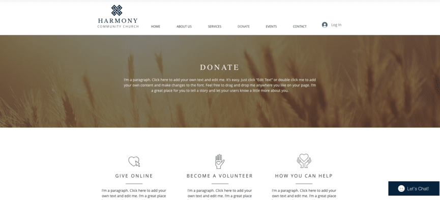 Donate page on Wix church template