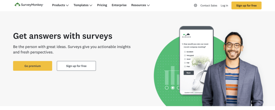 Homepage of Survey Monkey website showing sign-up CTA's and a survey example