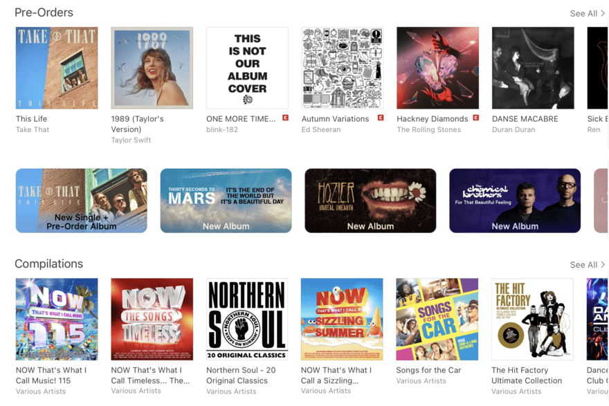iTunes homepage showing new releases