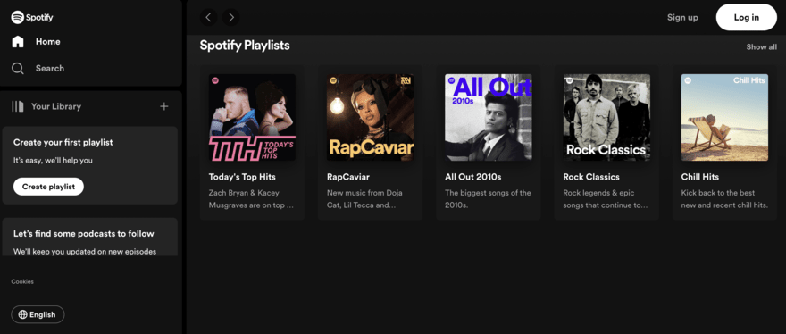 Spotify dashboard showing Spotify playlists