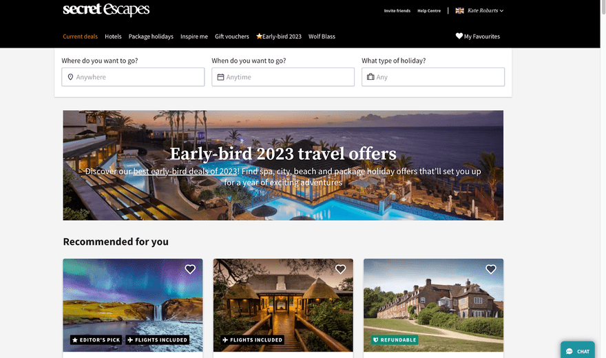 Secret Escapes homepage featuring a search bar and photos of three locations