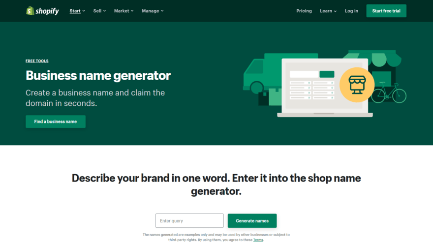 Shopify's business name generator tool with a text box to input key words