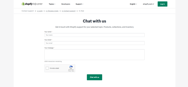 Shopify live chat-based support form