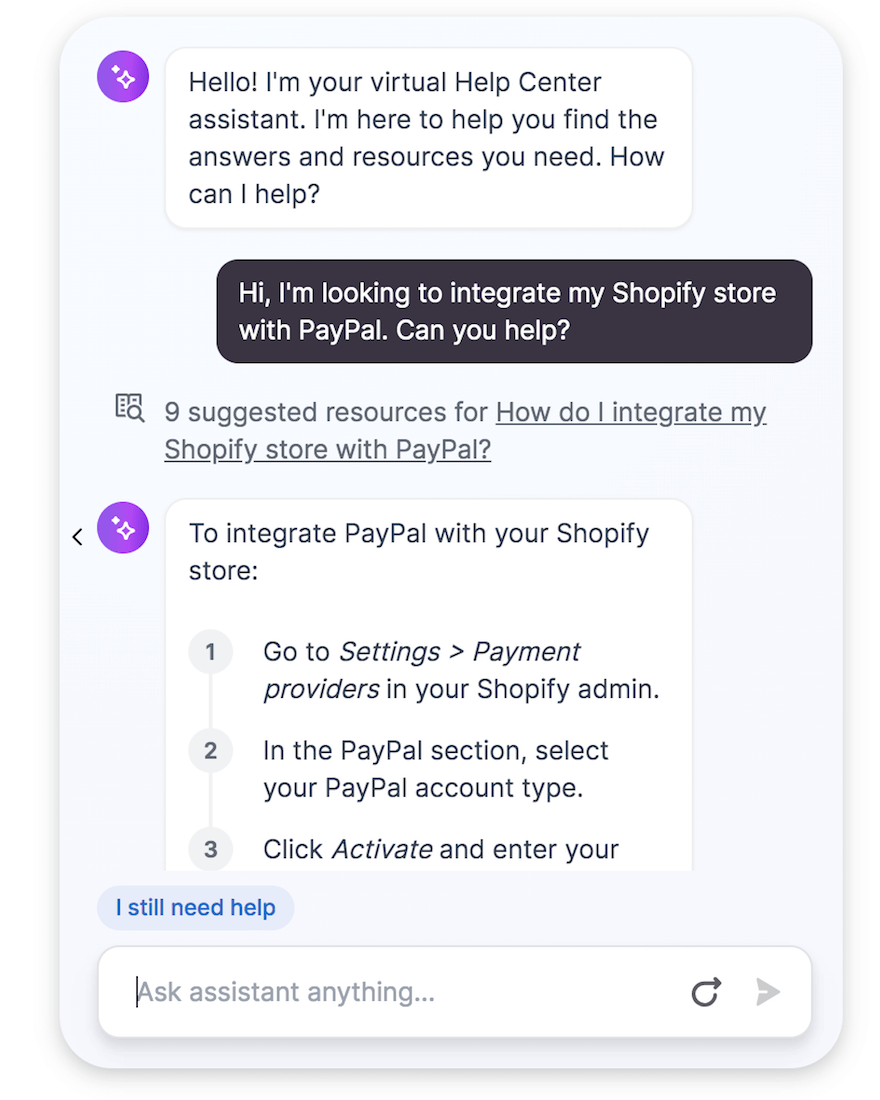Shopify chatbot conversation screenshot